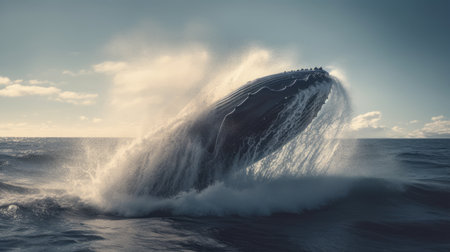 Illustration of a whale on the surface of the sea, 3d realisticの素材