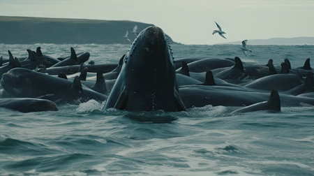Illustration of a whale on the surface of the sea, 3d realisticの素材