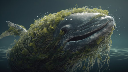 Illustration of a whale on the surface of the sea, 3d realisticの素材