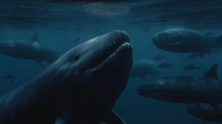 Illustration of a whale on the surface of the sea, 3d realisticの素材