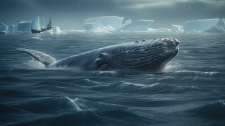 Illustration of a whale on the surface of the sea, 3d realisticの素材