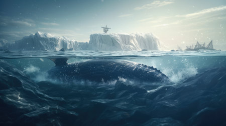 Illustration of a whale on the surface of the sea, 3d realisticの素材