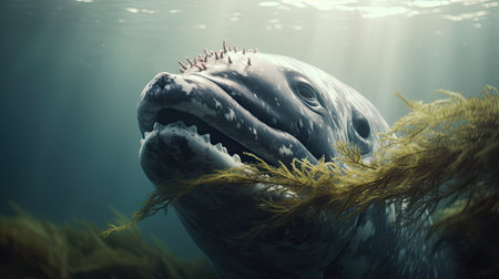 Illustration of a whale on the surface of the sea, 3d realisticの素材