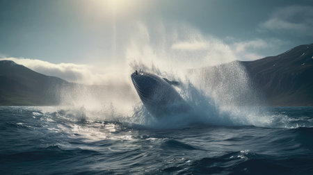 Illustration of a whale on the surface of the sea, 3d realisticの素材