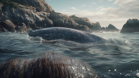 Illustration of a whale on the surface of the sea, 3d realisticの素材