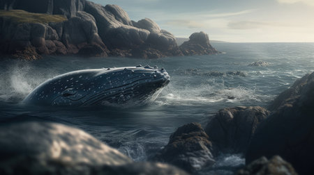 Illustration of a whale on the surface of the sea, 3d realisticの素材