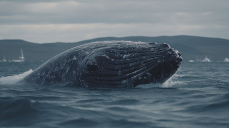 Illustration of a whale on the surface of the sea, 3d realisticの素材