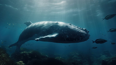 Illustration of a whale on the surface of the sea, 3d realisticの素材