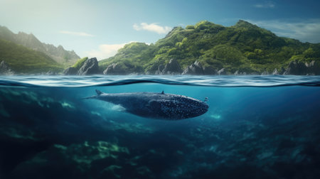 Illustration of a whale on the surface of the sea, 3d realisticの素材