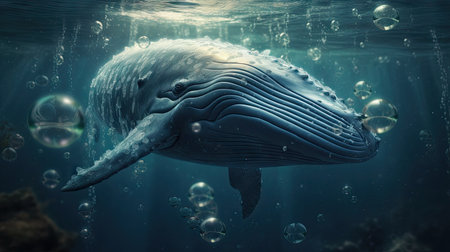 Illustration of a whale on the surface of the sea, 3d realisticの素材