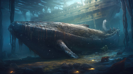 Illustration of a whale on the surface of the sea, 3d realisticの素材