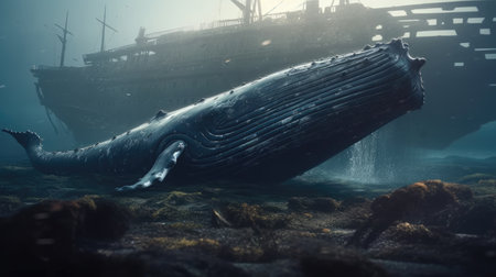 Illustration of a whale on the surface of the sea, 3d realisticの素材