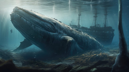 Illustration of a whale on the surface of the sea, 3d realisticの素材
