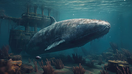 Illustration of a whale on the surface of the sea, 3d realisticの素材