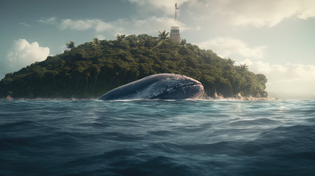 Illustration of a whale on the surface of the sea, 3d realisticの素材