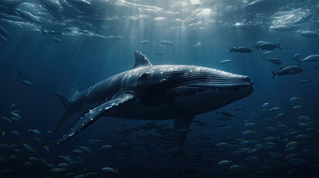 Illustration of a whale on the surface of the sea, 3d realisticの素材