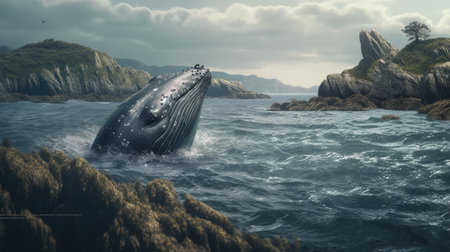 Illustration of a whale on the surface of the sea, 3d realisticの素材