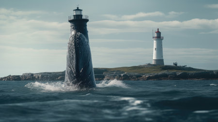Illustration of a whale on the surface of the sea, 3d realisticの素材