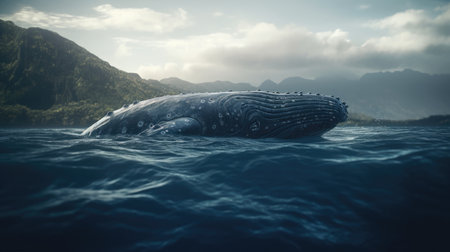 Illustration of a whale on the surface of the sea, 3d realisticの素材