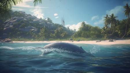 Illustration of a whale on the surface of the sea, 3d realisticの素材
