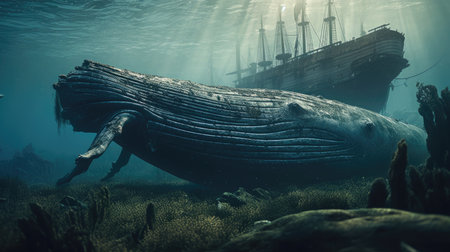 Illustration of a whale on the surface of the sea, 3d realisticの素材