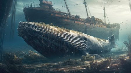 Illustration of a whale on the surface of the sea, 3d realisticの素材