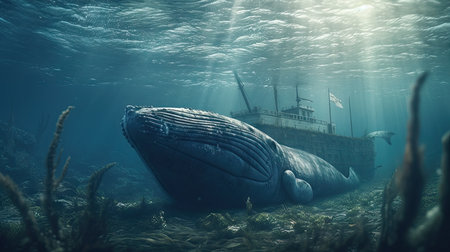 Illustration of a whale on the surface of the sea, 3d realisticの素材