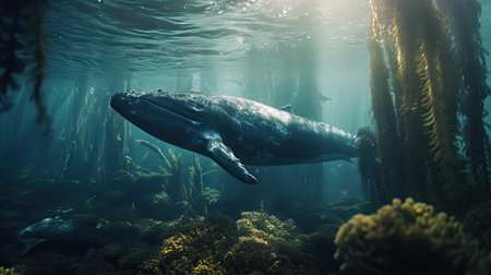 Illustration of a whale on the surface of the sea, 3d realisticの素材
