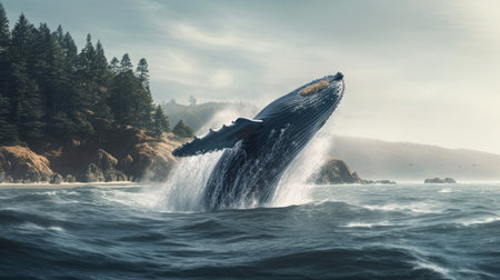 Illustration of a whale on the surface of the sea, 3d realisticの素材