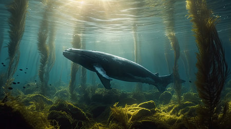 Illustration of a whale on the surface of the sea, 3d realisticの素材