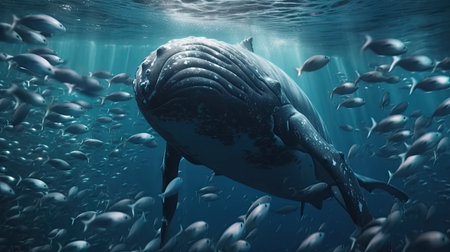 Illustration of a whale on the surface of the sea, 3d realisticの素材
