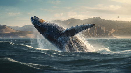 Illustration of a whale on the surface of the sea, 3d realisticの素材