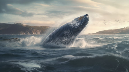 Illustration of a whale on the surface of the sea, 3d realisticの素材