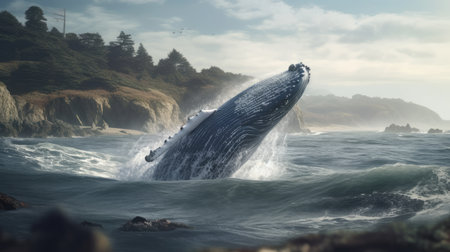 Illustration of a whale on the surface of the sea, 3d realisticの素材