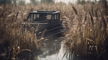 Illustration of a boat traveling through an inland lake and river area, river and lakeの素材