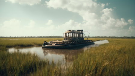 Illustration of a boat traveling through an inland lake and river area, river and lakeの素材