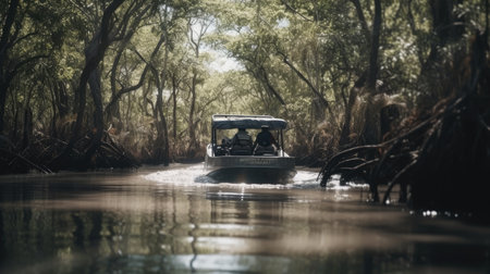 Illustration of a boat traveling through an inland lake and river area, river and lakeの素材