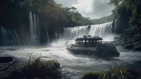 Illustration of a boat traveling through an inland lake and river area, river and lakeの素材