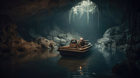 Illustration of a boat traveling through an inland lake and river area, river and lakeの素材