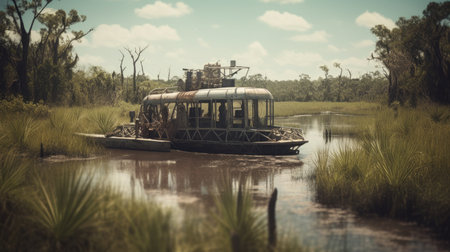 Illustration of a boat traveling through an inland lake and river area, river and lakeの素材