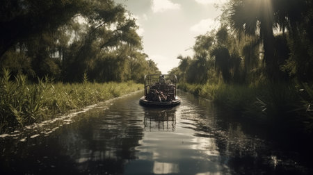 Illustration of a boat traveling through an inland lake and river area, river and lakeの素材