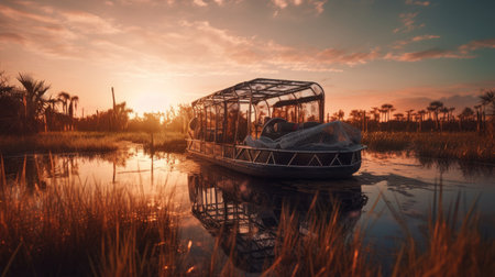 Illustration of a boat traveling through an inland lake and river area, river and lakeの素材