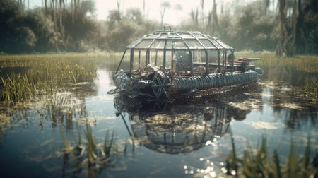 Illustration of a boat traveling through an inland lake and river area, river and lakeの素材