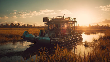 Illustration of a boat traveling through an inland lake and river area, river and lakeの素材
