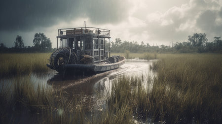 Illustration of a boat traveling through an inland lake and river area, river and lakeの素材