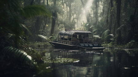 Illustration of a boat traveling through an inland lake and river area, river and lakeの素材