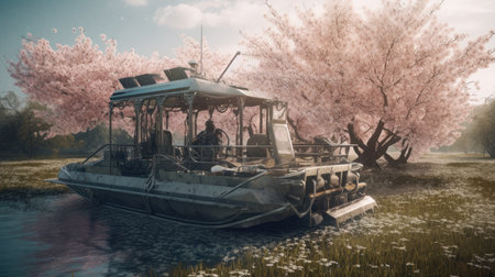 Illustration of a boat traveling through an inland lake and river area, river and lakeの素材