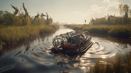 Illustration of a boat traveling through an inland lake and river area, river and lakeの素材