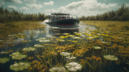 Illustration of a boat traveling through an inland lake and river area, river and lakeの素材