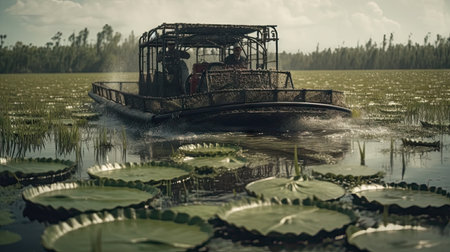 Illustration of a boat traveling through an inland lake and river area, river and lakeの素材